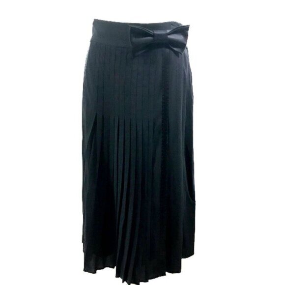 Theory Rima Charm Black Pleated Midi Skirt Bow Silk Viscose Party Workwear Sz 10 - Picture 2 of 12